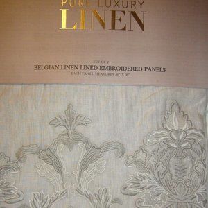 Pure Luxury Linen Belgian Embroidered Lined Window Panel Pair Gray 50" W…